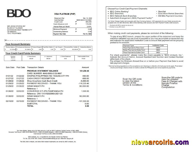 Philippines BDO bank credit card statement 2 pages